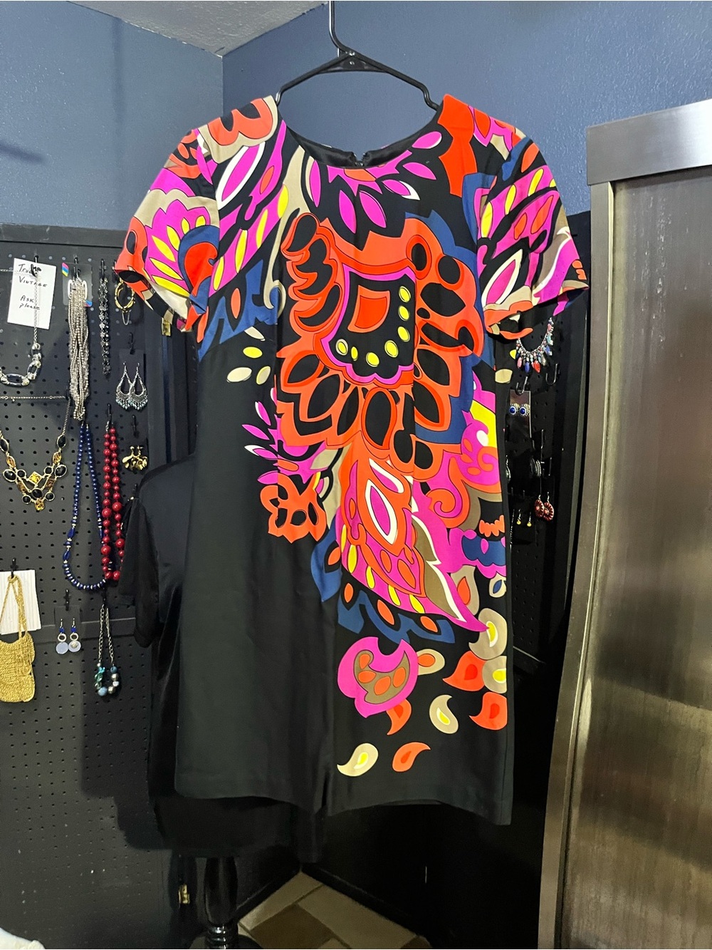 Trina Turk Black Mini Dress with Bright Pink & Orange Floral Print